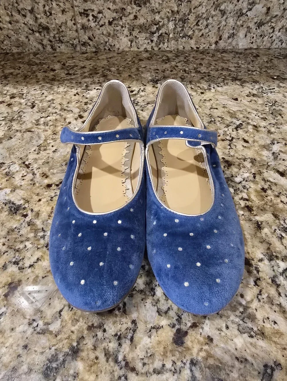 Mini Boden Blue Velvet Polka Dot Mary Jane Flats Size 37 (5.5)